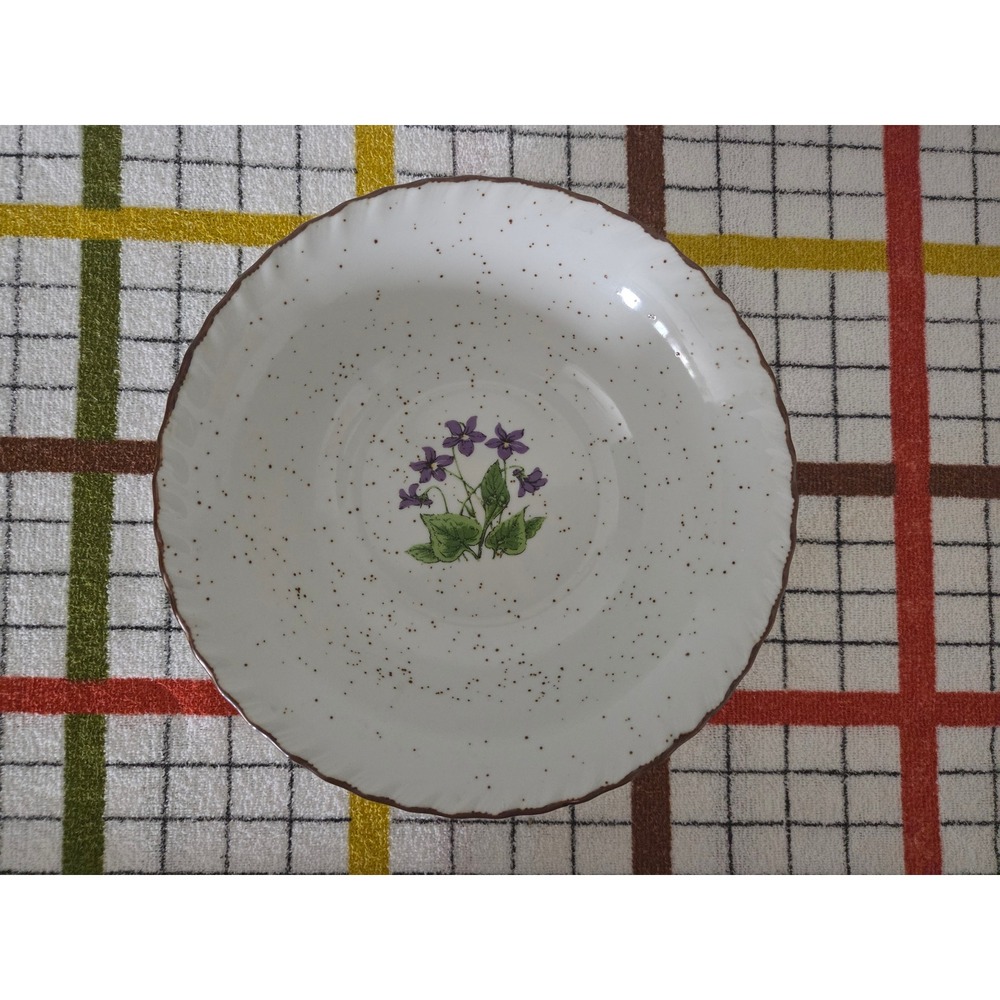 Vintage Japan Stoneware Soup Pasta Bowl Purple Violet Floral Speckled Scalloped